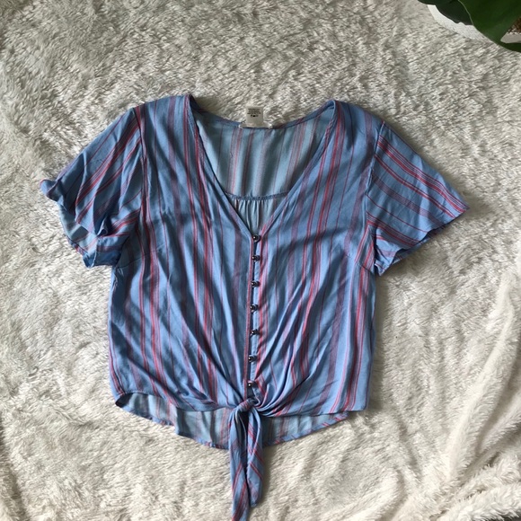 Stripe Crop Top with Buttons and Tie Small - Picture 1 of 4